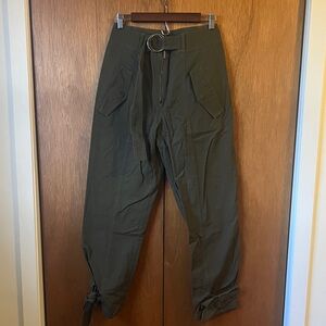 Dark Green Cargo Pants with ties at the bottom and built in belt